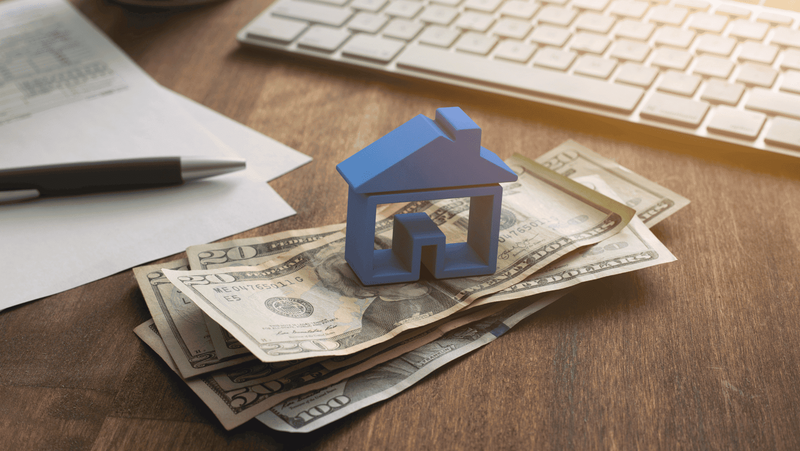 Small house model on dollar bills with a pen and keyboard.
