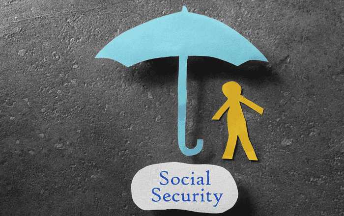 An illustration of a yellow person holding an umbrella labeled "Social Security" on a dark textured.