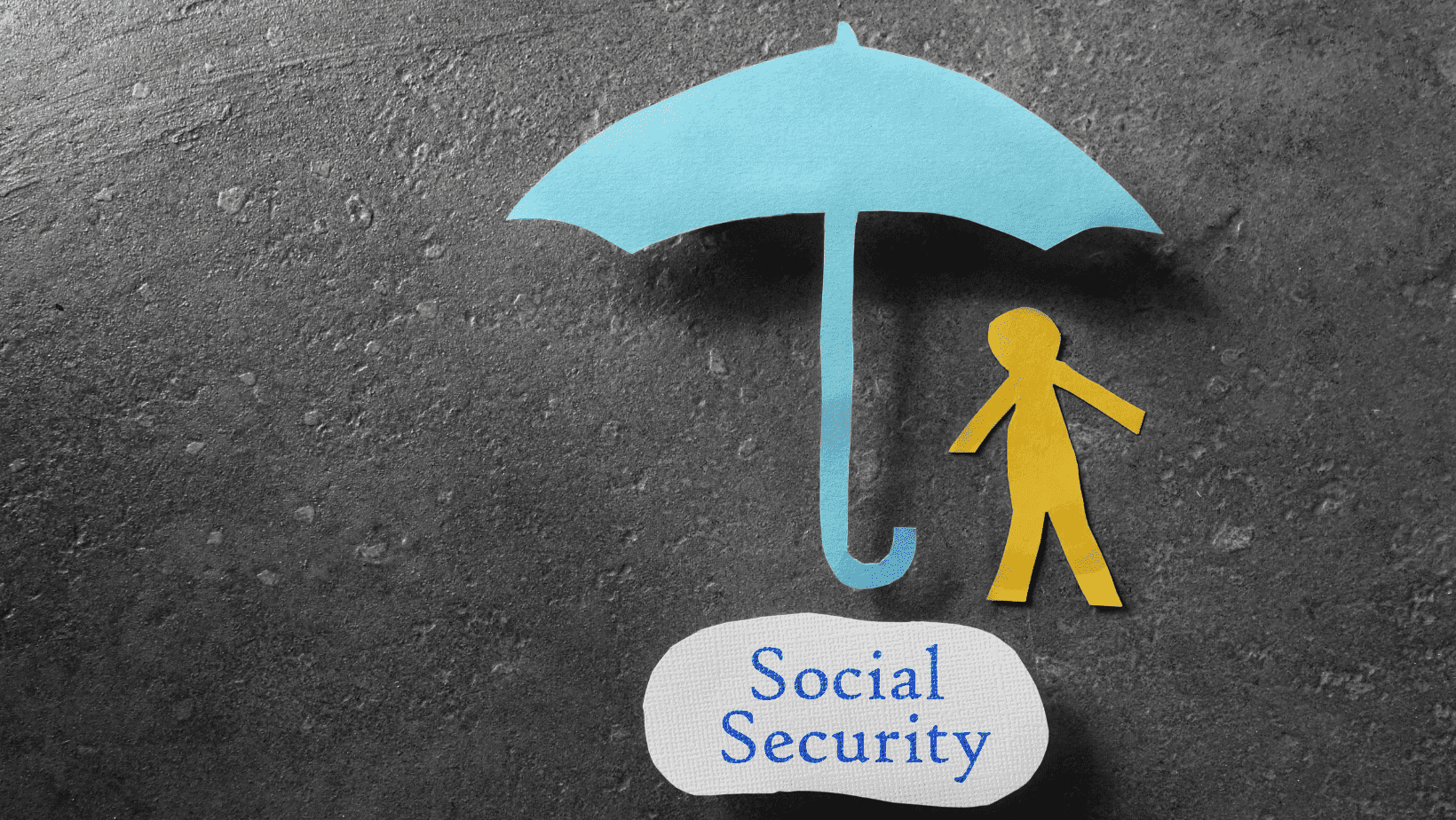 An illustration of a yellow person holding an umbrella labeled "Social Security" on a dark textured.