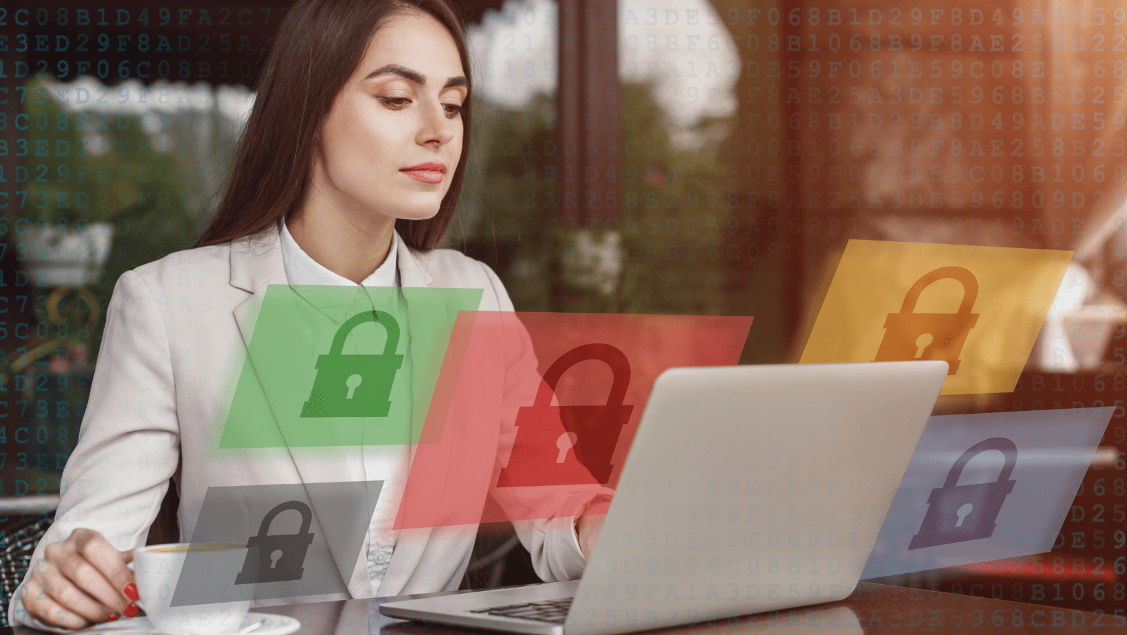 Woman working on laptop with digital security icons and padlocks.