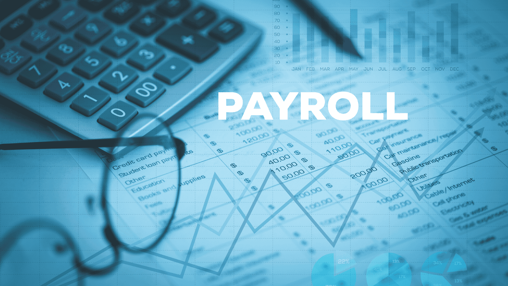 Close-up of glasses and calculator on payroll documents with financial charts.